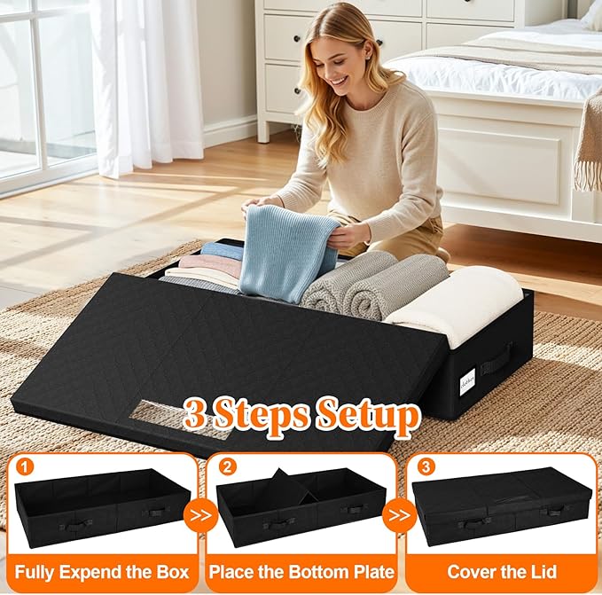 Under Bed Storage Containers with Lids - 2 Pack, Foldable and Stackable Clothes Storage Bags with Clear Window, 3-Sided Handles and Label Slot for Clothing, Blankets, Pillows (Black)