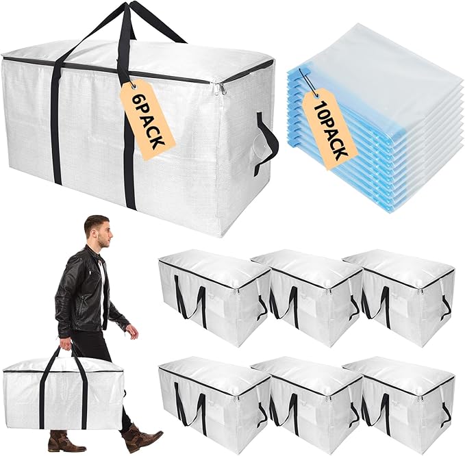 Extra Large Storage Bags Set Heavy Duty Moving Totes with Handles, Waterproof Dual-Way Carrying Design with Vacuum Storage Bag Combo,College Dorm,Traveling,Camping(6 Moving bag & 10 Vacuum Seal Bags)