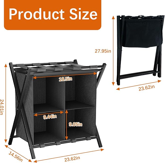 Luggage Rack for Guest Room, Folding Suitcase Stand with Fabric Storage Shelf, Luggage Holder, Steel Foldable Luggage Stand for Guest Room, Bedroom, Hotel, Black