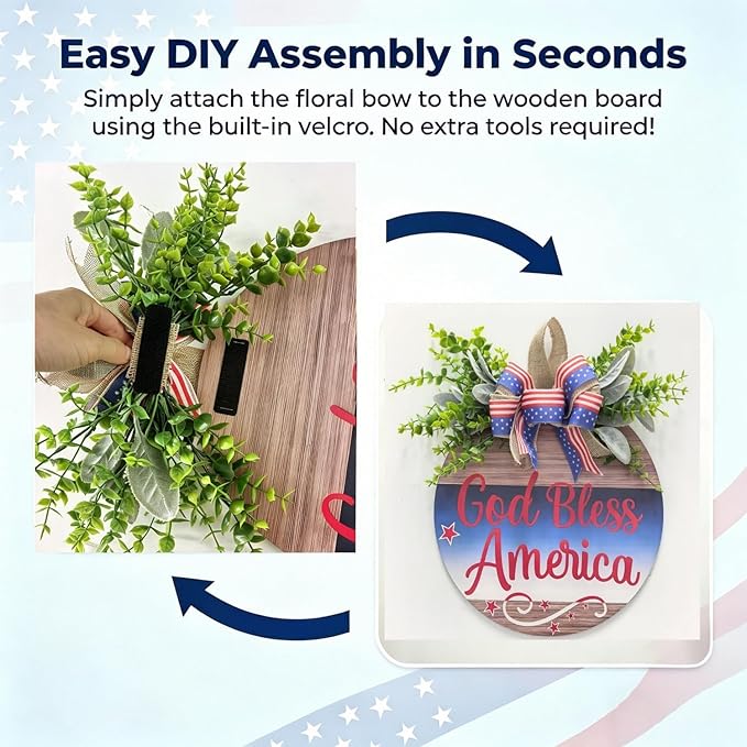 Memorial Day & 4th of July Patriotic Wreath, 12" Wooden Decor with Artificial Flowers, USA 250th Anniversary Sign for Front Door, Garden, Patios, Windows Decor (Color-Bless)