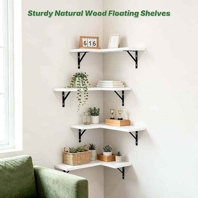 NATURE'S SOURCE Corner Floating Shelves Set of 4, Corner Shelves Wall Mounted, for Bedroom Kitchen Living Room Bathroom Office- Modern Style (White, Set of 4)