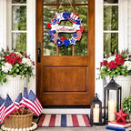 Wooden 4th of July Decorations Patriotic Wreath Independence Day Decorations Front Door with Star Sign Welcome Memorial Day Hanging for Home Wall Decor Outdoor Indoor Red White and Blue Wreath