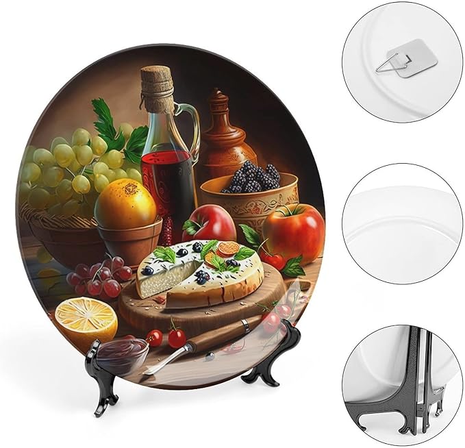 Decorative Plates, Wine, Fruit & Pizza Foods Painting Display Plate for Home Office Kitchen Table Decor Porcelain Plates 8 Inch, Birthday Gifts