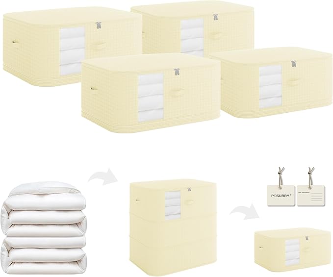 3-Layer Compressible with Zippers Blanket & Comforter Storage Bag,Ultra Space Saving Self Compression Organizer，Save 50% Space, 4 PCS，Light Yellow