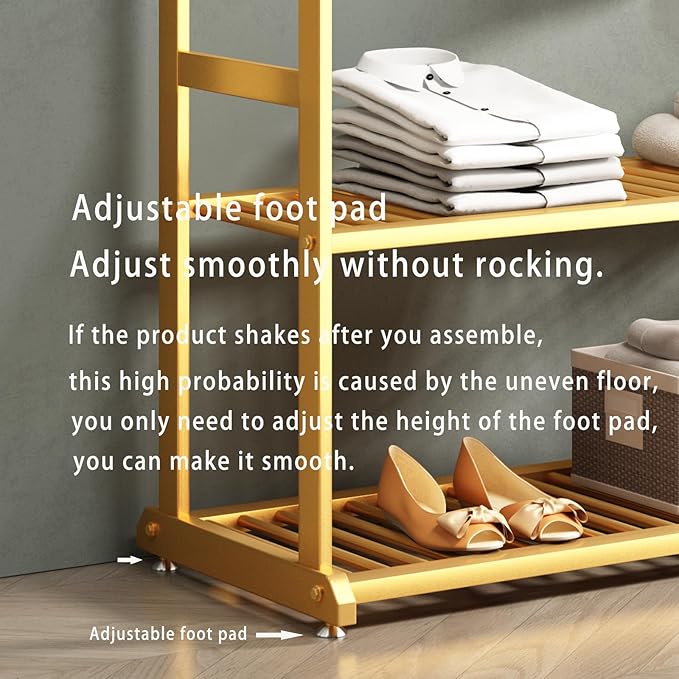 Gold Clothing Rack,Metal Garment Rack with Bottom Storage Shelves and 6 Side Hooks,modern Sturdy clothes racks for hanging clothes,Freestanding Wardrobe Rack for Bedroom or Boutique (L:23.6in)