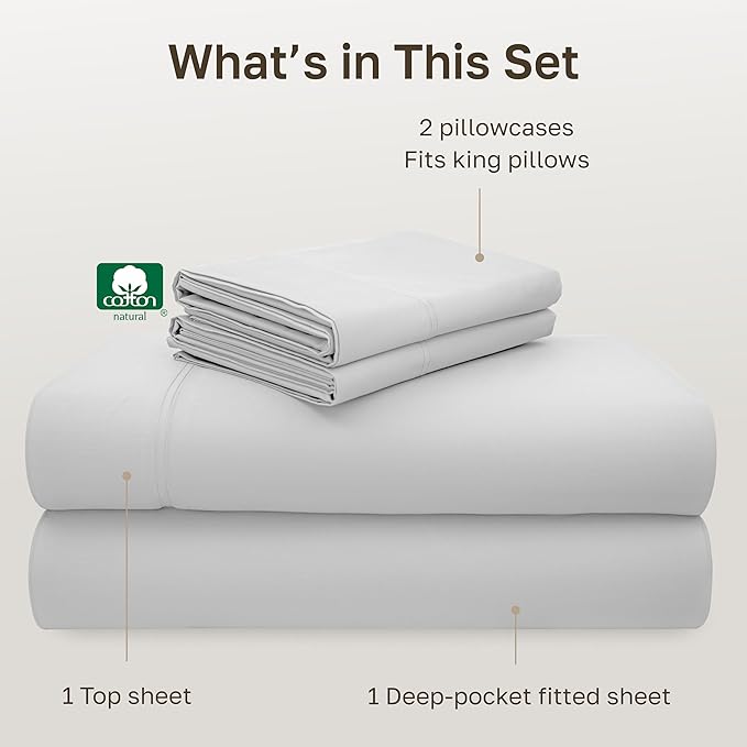 California Design Den King Size Bed Sheets Set - Luxury 600 Thread Count Sateen, Natural 100% Cotton Deep Pocket King Sheet Set, Fully Elasticized, Cool & Durable Hotel Quality Bedding - Light Silver