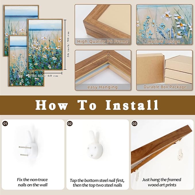 Extra Large Blue Floral Wall Art Framed Wildflower Artwork Blue Floral Wall Pictures Wildflowers Wall Decor for Living Room Bedroom Bathroom Office Blue Flowers Bloom Painting by The Seaside 24x36 Inches Set of 3