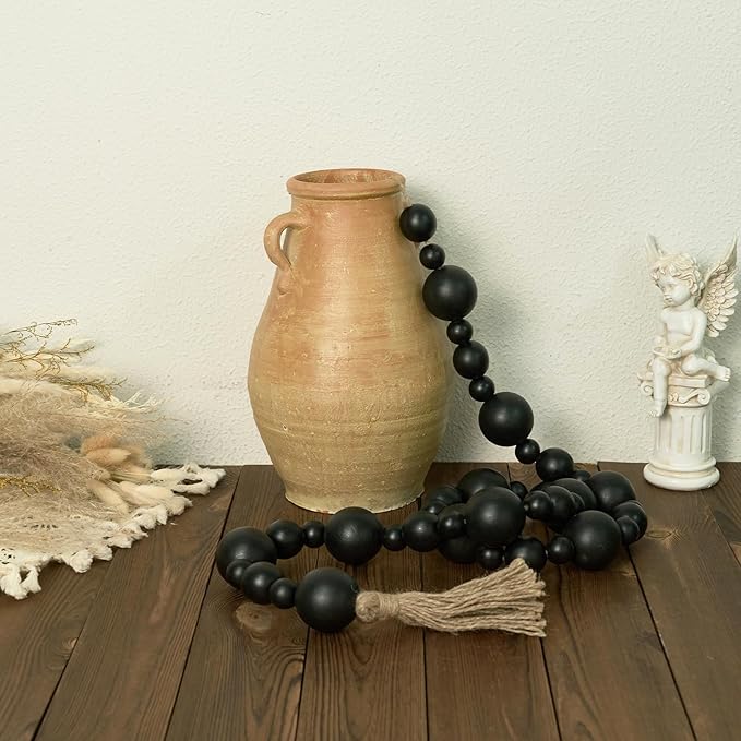 2" Extra Large Wood Bead Garland with Tassels, 75" Long Rustic Farmhouse Wooden Beads Garland, Decorative Beads Boho Decorations for Home Table Mantle Black