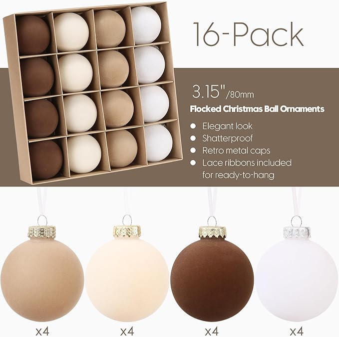 Sea Team 16-Pack Flocked Velvet Christmas Tree Ball Ornaments Set, Decorative Hanging Baubles, Shatterproof Plastic Decorations for Xmas Tree, Wreath, Garland, 80mm/3.15 Inches, Baking Time