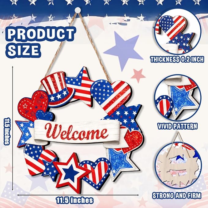 Wooden 4th of July Decorations Patriotic Wreaths for Front Door Independence Day Decorations Star Sign Welcome Memorial Day Hanging for Home Wall Decor Outdoor Indoor Red White and Blue Wreath