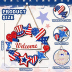 Wooden 4th of July Decorations Patriotic Wreaths for Front Door Independence Day Decorations Star Sign Welcome Memorial Day Hanging for Home Wall Decor Outdoor Indoor Red White and Blue Wreath