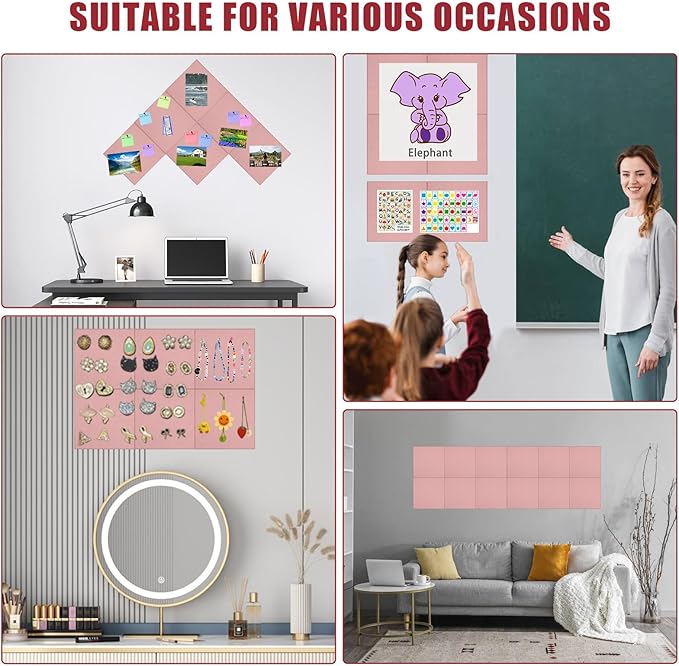 Large Cork Board Alternative 36" X 24" Bulletin Board - 6 Pack Removable Felt Wall Tiles with 30 pushpins, Large Cork Boards for Walls Cork Board for Office Pin Board Tack Board - Pink
