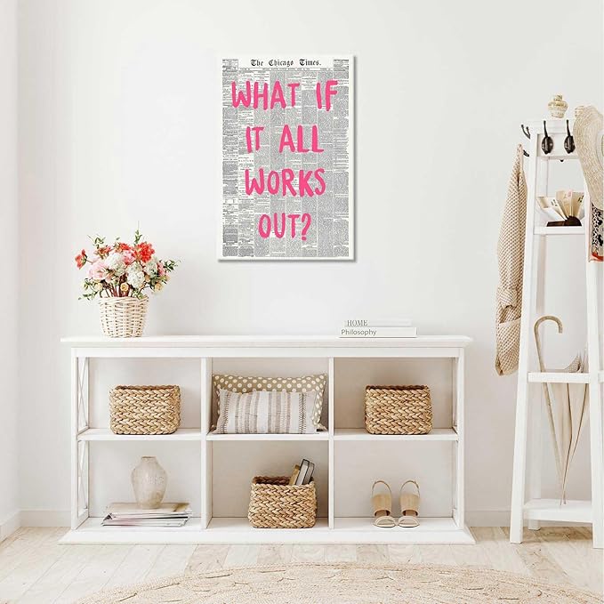 Drimiler What If It All Works Out Poster Retro Newspaper Pink Font Canvas Wall Art Positive Affirming Quote Minimalist Prints Painting For Home Bedroom Dorm Wall Decor 12x18in Wframed