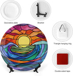 Waves Theme Decorative Ceramic Plate Round Porcelain Plate,6 inch,Sunrise Rainbow Glass Pattern,for Decorative Ornaments Giving Plates,1 Plate with 1 Display Stand,Blue Purple