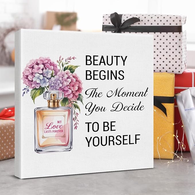 Inspirational Pink Flower Wall Art Decor for Powder Room Bedroom Bathroom, Motivational Quotes Wall Decor Canvas Painting Pictures Artwork Gift for Women Teens (8 X 8 Inches, Framed)