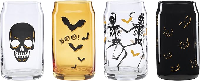Oneida Barware, Vintro Halloween Can Cooler Glasses, Set of 4, Dishwasher Safe, Made of Glass, Spooky Drinking Glasses Set, Halloween Decor Indoor, Skeletons and Bats Design (4 Piece, 16 Oz Capacity)