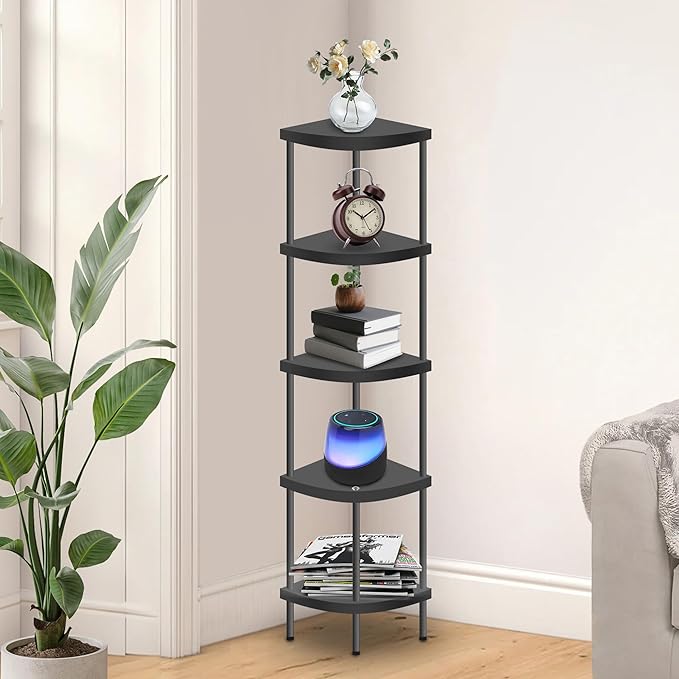 Qupui 5 Tier Plastic Corner Shelf Stand, 54” Tall 90° Right Angle Corner Bookshelf, Multipurpose Plant Display Rack, Home Organizer Shelves for Bedroom Living Room Office Balcony, Black