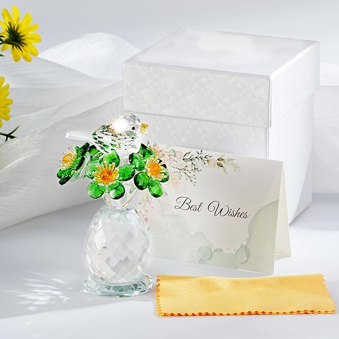 Crystal Bird & Forget-Me-Not Flower Figurine,3x4 inch Glass Flower Collectible Ornaments for Home Decor Table Centerpiece Glass Bouquet Flowers Keepsake Gifts for Women （Green）