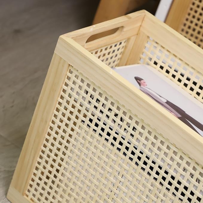 Wood Magazine Holder with Jute Rope Handles,Handcrafted Bamboo Toilet Roll Holder,Wicker Magazine Storage Organizer for Bathroom,Office and Desk -Rectangle- Natural- 15" D x 6.9" W x 11.8" H. (0.58)