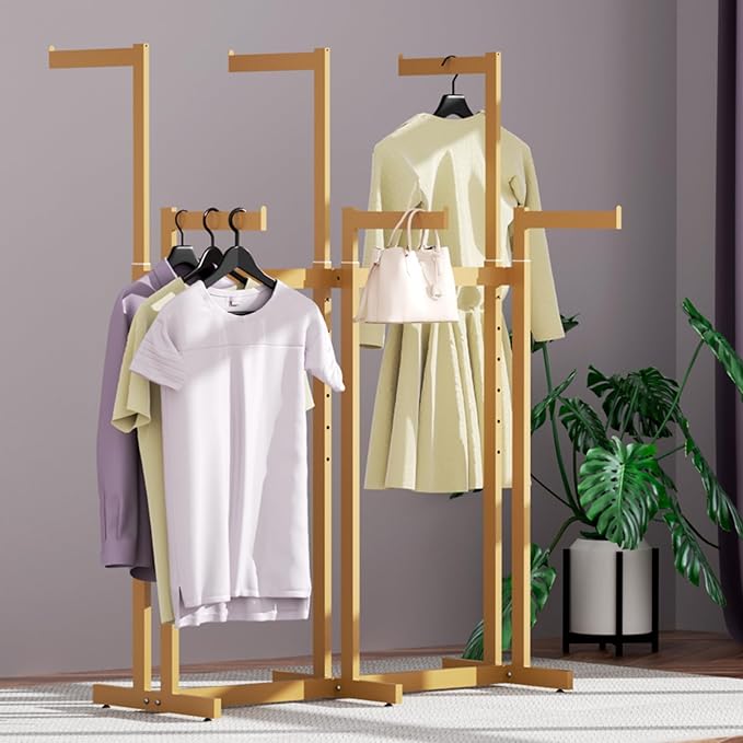 Clothing Racks - Metal Garment Racks for Retail Display Hanging Clothes, Heavy Duty Gold Commercial Clothing Display Rack with Wheels, FreeStanding Sturdy Clothes Organization (6 Arm,Gold)