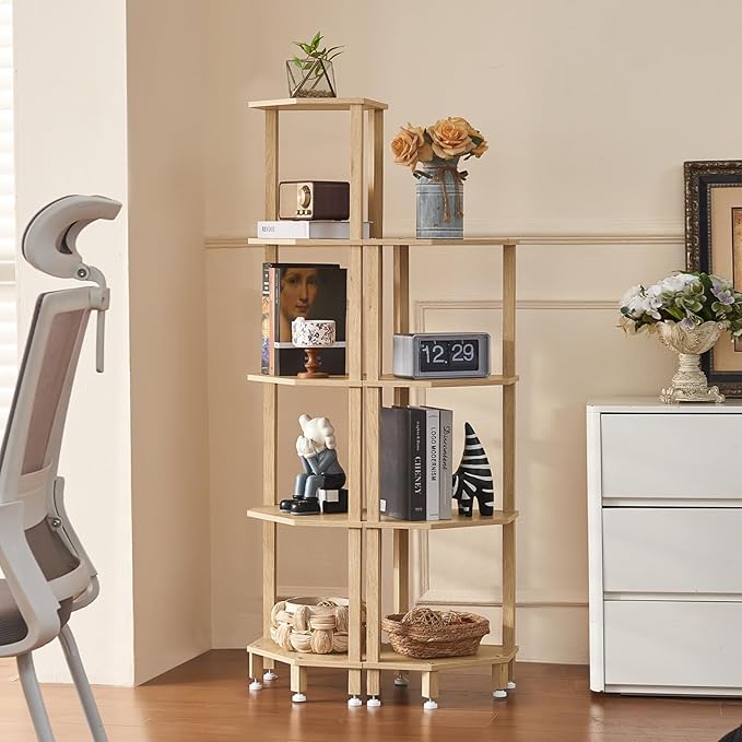 YUFAM 5-Tier Corner Shelf with Sturdy 5-Leg Base, Wooden Corner Bookshelf for Small Spaces, Corner Standing Shelf for Living Room, Bedroom, Bathroom, Natural