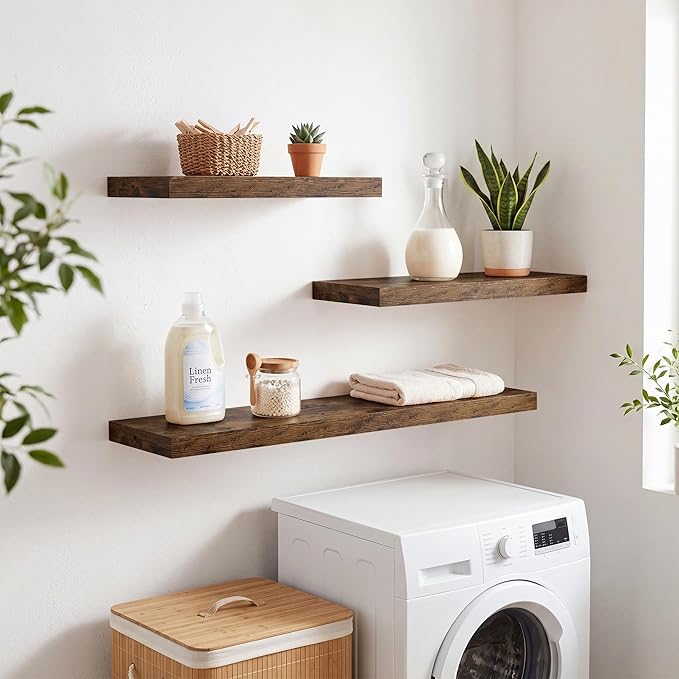 RICHFOCUS 28Inch Floating Shelves for Wall 2 Pack Shelves for Bedroom|Kitchen|Bathroom|Laundry Room Rustic Wood Wall Mounted Shelf with Invisible Brackets for Books|Storage|Decor, Rustic Brown