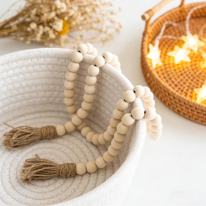 Farmhouse Decor, 59in Wooden Beads Garland with Tassels, Rustic Farmhouse Prayer Boho Beads for Coffee Table Wall Country Decor