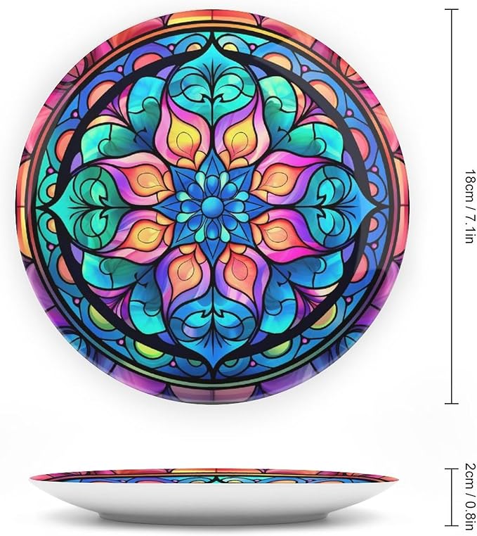 Decorative Plates for Wall Hanging, Abstract Iridescence Floral Stained Glass Design Ceramic Plate w/Display Stand, Home Decor for Kitchen Cabinets, Round Tray 7 Inch, Gift for Family Friends