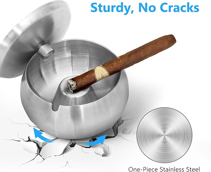 JSVER Stainless Steel Cigar Ashtray with Lids for Home Office Decoration, Outdoor Patio, Balcony (Silver)