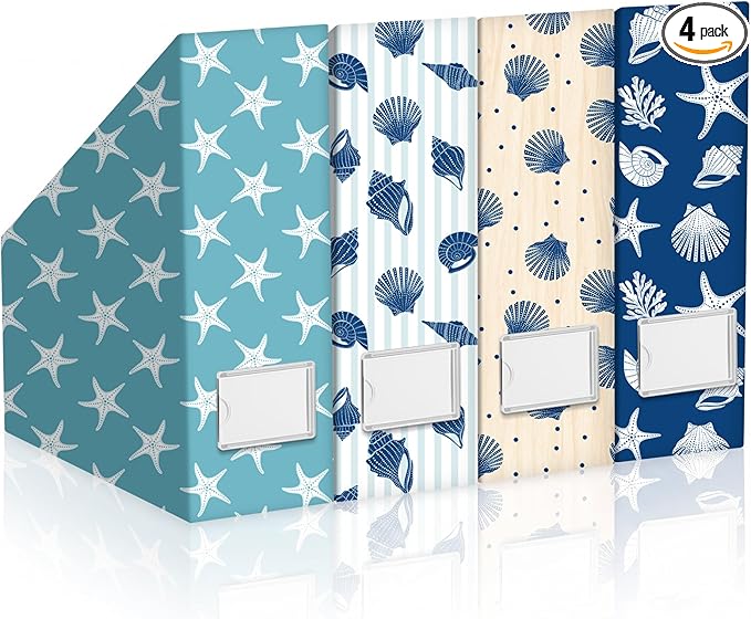 AmazingSpark Set of 4 Coastal Magazine Holder Decorative Foldable Magazine Storage Boxes with Acrylic Label Holders Coquettish Boho Organizer for Office Home Organization Storage