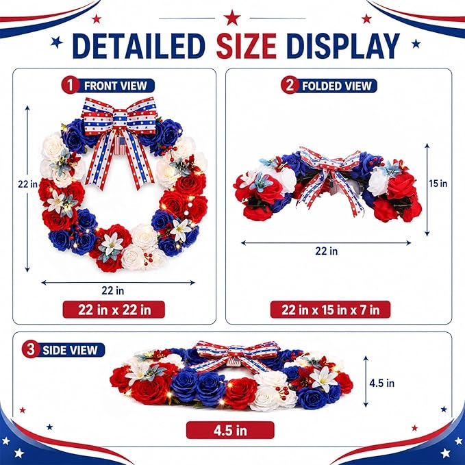 250th Anniversary Lighted Patriotic Wreath for Front Door 22 Inch 4th of July Artificial Red White and Blue Rose Wreath with Oversized Bow American Flag Wreaths for Memorial Day Independence Day Decor