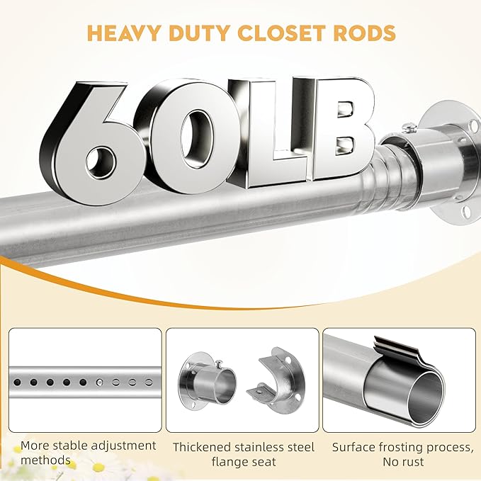 1.3 Inch Diameter Closet Rods for Hanging Clothes 17-51 Inch Adjustable, Metal Heavy Duty Closet Pole, Silver Closet Bar for Hanging Clothes, Suitable for Closet, Wardrobes, Bathroom, Windows