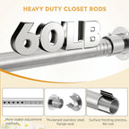 1.3 Inch Diameter Closet Rods for Hanging Clothes 17-51 Inch Adjustable, Metal Heavy Duty Closet Pole, Silver Closet Bar for Hanging Clothes, Suitable for Closet, Wardrobes, Bathroom, Windows