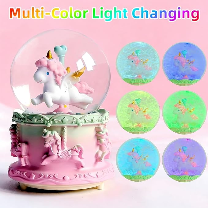 Snow Globes,Pink Unicorn Music Snowglobes with LED Lights and Automatic Snowfall,Music Box Gifts for Girl,Home Decor Glass Ball for Kids Room Birthday for 5-18 Year Old Girl (4.7x3.2IN