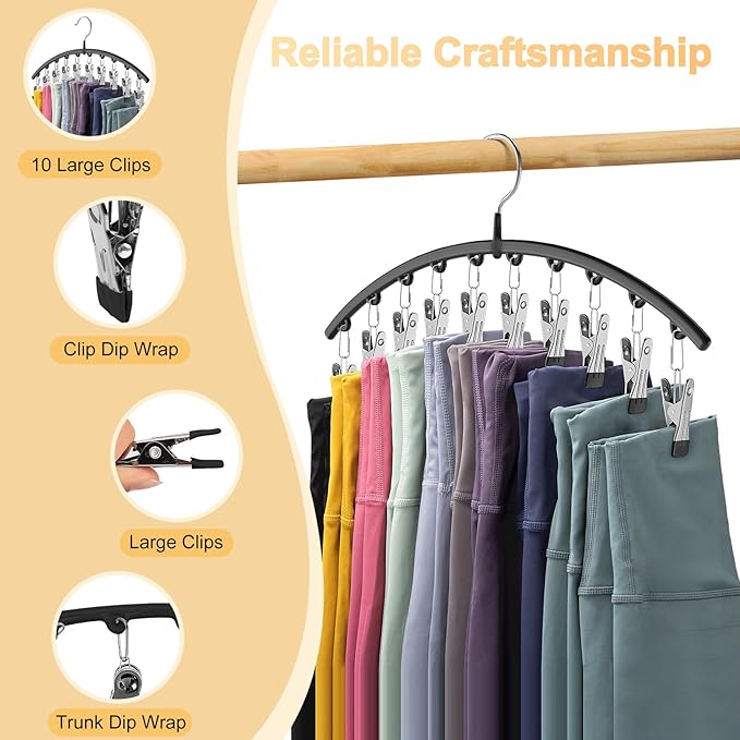 Legging Organizer for Closet, Metal Yoga Pants Hangers 4 Pack w/10 Clips Holds 40 Leggings, Space Saving Hanging Closet Organizer w/Rubber Coated Closet Organizers and Storage, Black