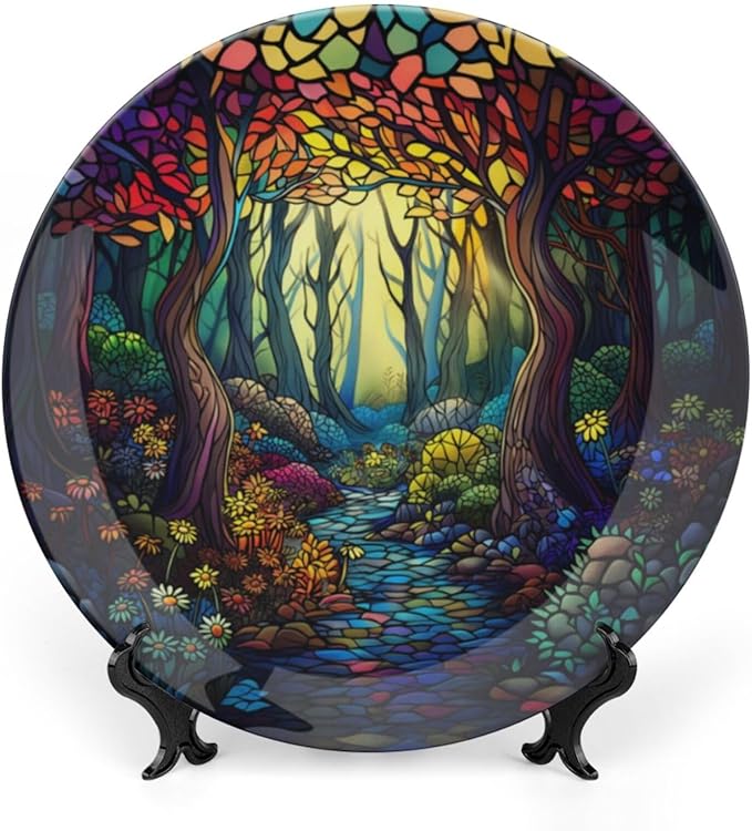 Stained Glass Theme Decorative Ceramic Plate Round Porcelain Plate,6 inch,Sunrise Forest Stream Pattern,for Decorative Ornaments Giving Plates, 1 Plate with 1 Display Stand,Multicolor