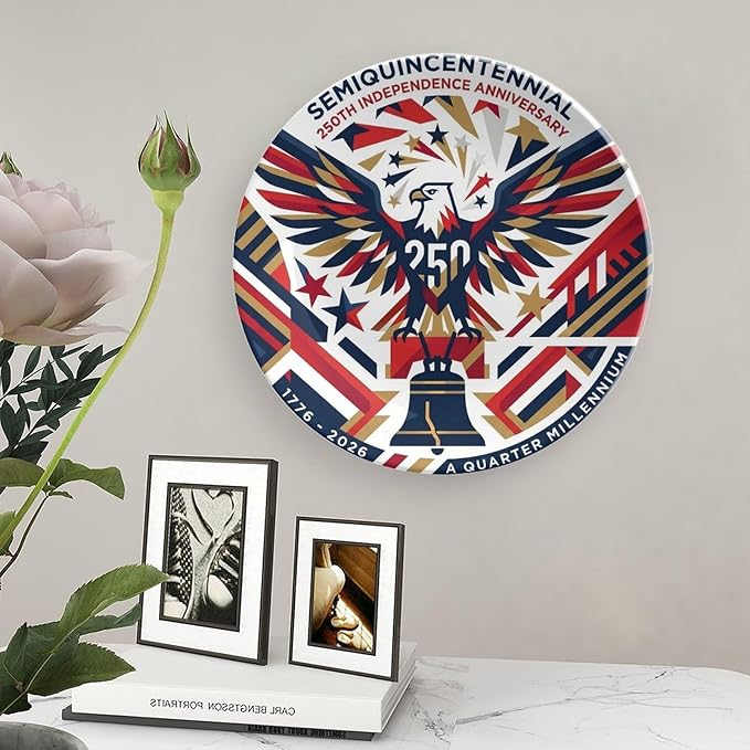 250th Anniversary Decorative Plates 8 Inch Eagle Liberty Bell Patriotic Decorations Commemorative Plates with Stand Independence Day 4th of July Semiquincentennial Decor