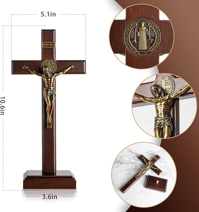 KUXBET Wooden Crucifix Cross with Detachable Stand 10 Inch Standing Catholic Wooden Jesus Christ Wall Hanging Cross for Home Decor