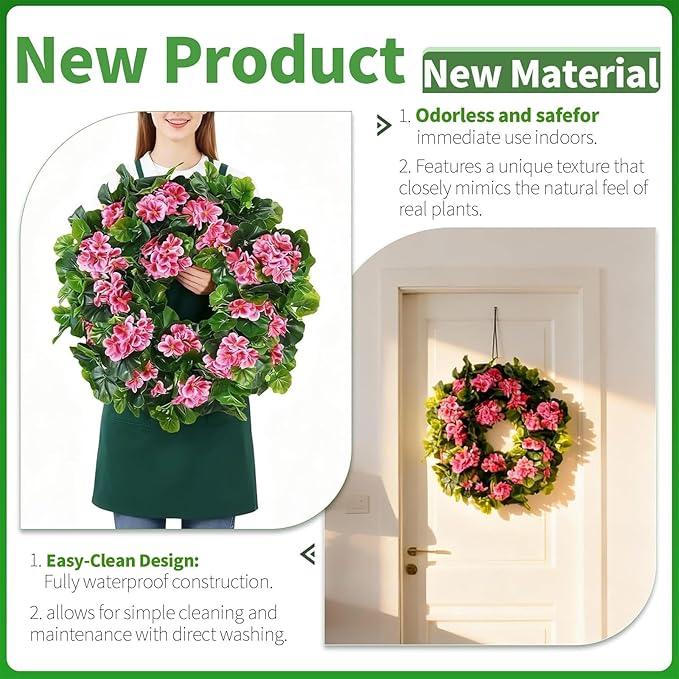 Spring Pink Wreath 24” – Floral Decor with Geranium Flowers for Front Door, Entry, Porch Display, Easter, Thanksgiving, Christmas
