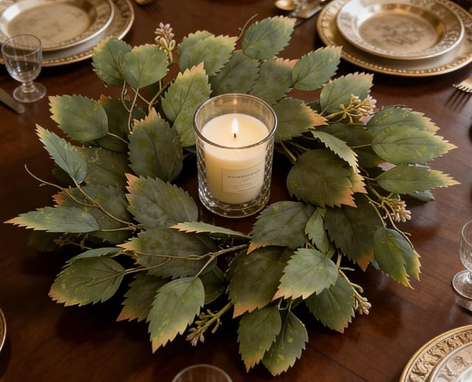 2 Pcs 16" Green Hibiscus Leaf and Eucalyptus Leaf Wreath - Artificial Greenery Candle Ring Wreath for Table, Front Door, Porch, Window & Home Holiday Decor - All Season Hanging Wreath