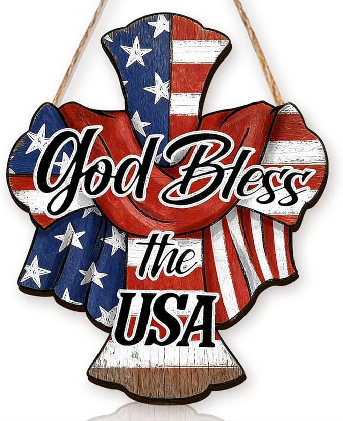 Wooden 4th of July Decorations Patriotic Cross Wreath Independence Day Decorations Front Door with god Bless America Sign Welcome Memorial Day Hanging for Home Wall Decor Outdoor Indoor