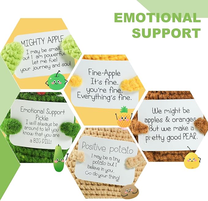 JFZHENGCUO 5 PCS Funny Handmade Crochet, Emotional Support Positive Potato, Positive Cucumber, Pineapple, Happy Pear, Mighty Apple, Emotional Support Collectible Dolls