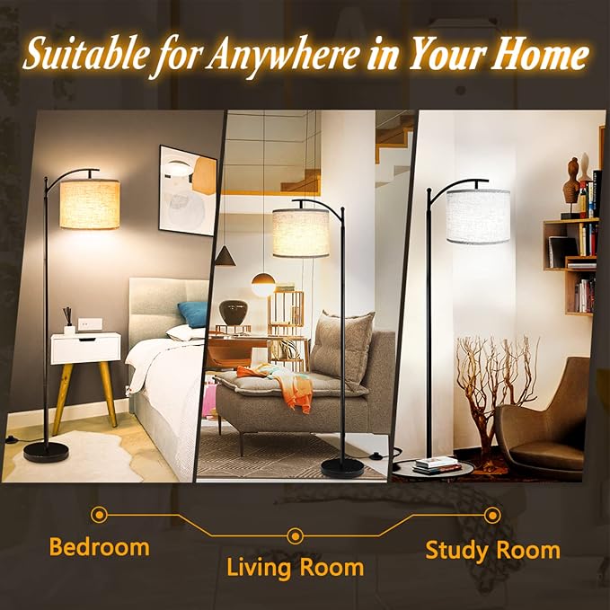 ROTTOGOON Floor Lamp for Living Room with 3 Color Temperatures LED Bulb, Standing Lamp Tall Industrial Floor Lamp Reading for Bedroom, Office (9W LED Bulb, Beige Lampshade Included) -Black
