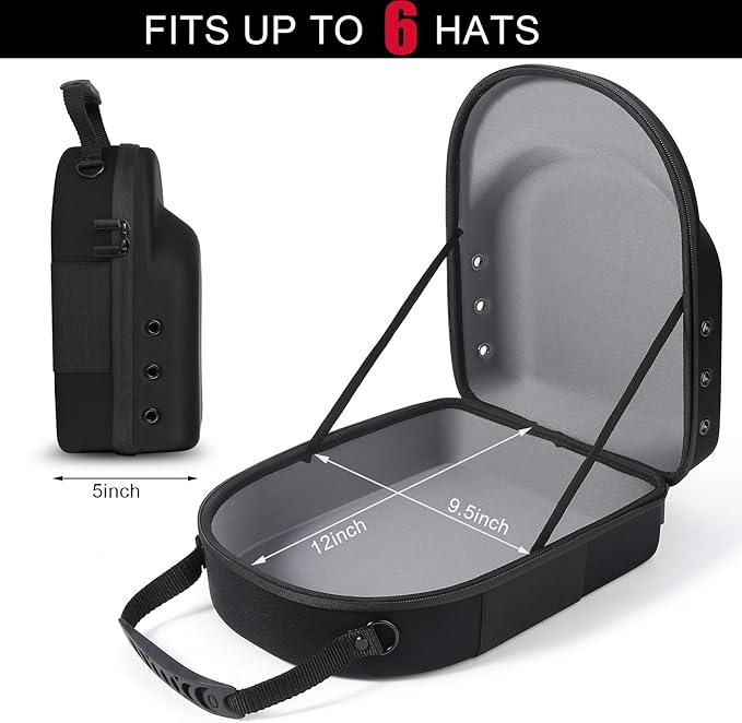 Hard baseball hat case, Hat Carrier Travel Case with Adjustable Shoulder Strap, Hat cap case for 6 Baseball Caps - Perfect for Traveling & At-Home Storage (Black with Grey)