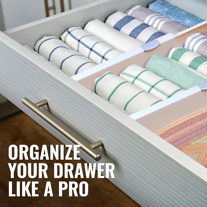 RAPTUROUS Adjustable Deep Drawer Divider – 5" Tall, Expandable 13-22", 5-Pack, Non-Slip Drawer Dividers for Clothes, Dresser, Kitchen & Office Organization (White)