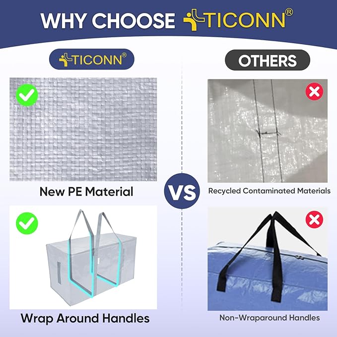 TICONN 2 Pack Extra Large Moving Bags Heavy Duty with Zippers & Carrying Handles, Durable Storage Bags Moving Boxes for Closet Organizers and Storage (2 Pack, Light Grey)