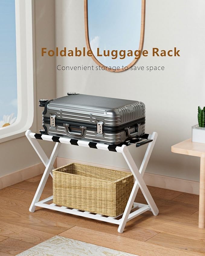 Luggage Racks, Set of 2 Folding Luggage Rack for Guest Room, Bamboo Suitcase Stands with Nylon Straps, X-Shape Heavy Duty Luggage Holder, Suitcase Holder for Guest Room, Hotel, Bedroom, White