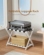 Luggage Racks, Set of 2 Folding Luggage Rack for Guest Room, Bamboo Suitcase Stands with Nylon Straps, X-Shape Heavy Duty Luggage Holder, Suitcase Holder for Guest Room, Hotel, Bedroom, White