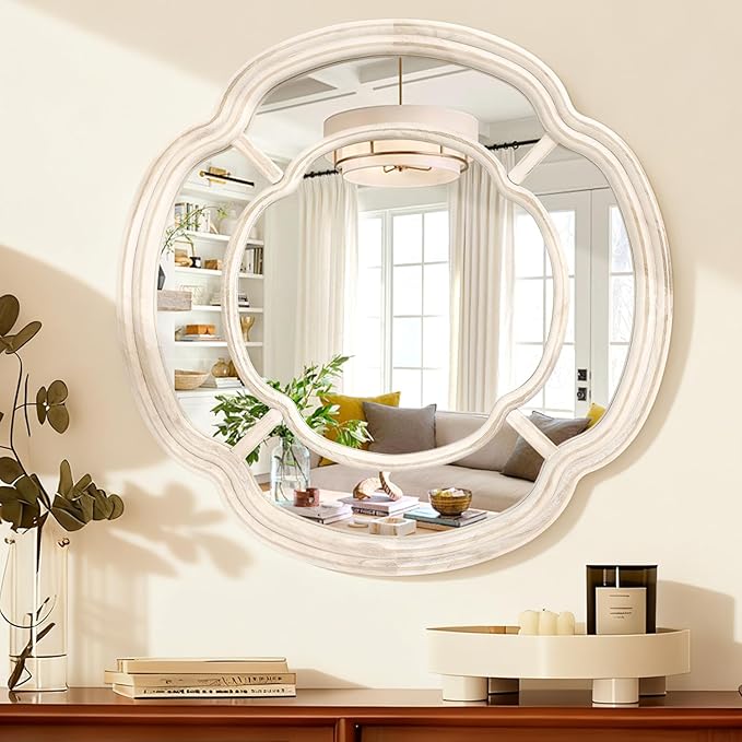 Irregular White Mirror, Wall Mounted Wavy Circle Large Mirror Wood Frame Round Hanging Decorative Mirros for Entryway Living Room Vanity and Bedroom, 20 Inch Home Decor