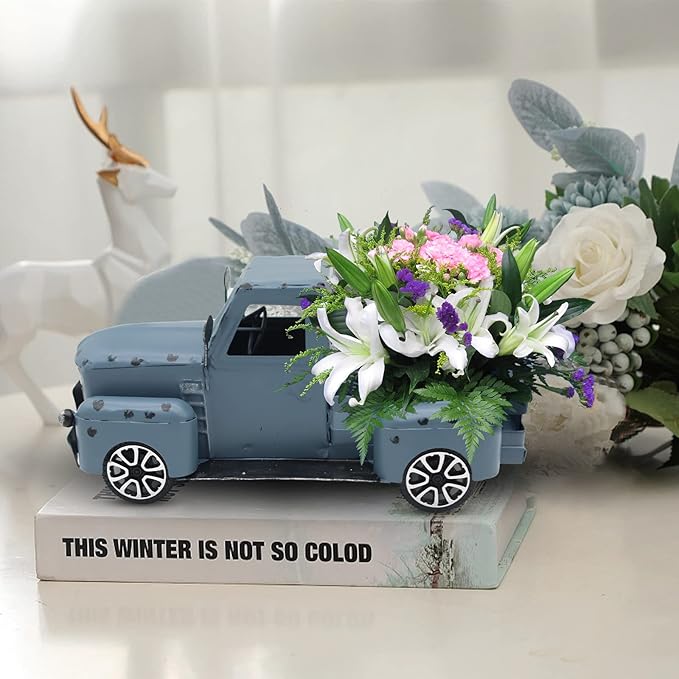 Blue Truck Decor Metal Small Cute Farm Car Decor Vintage Tree Flowers Handcrafted Decor Blue Metal Car Gift Boxes Pickup Truck Model